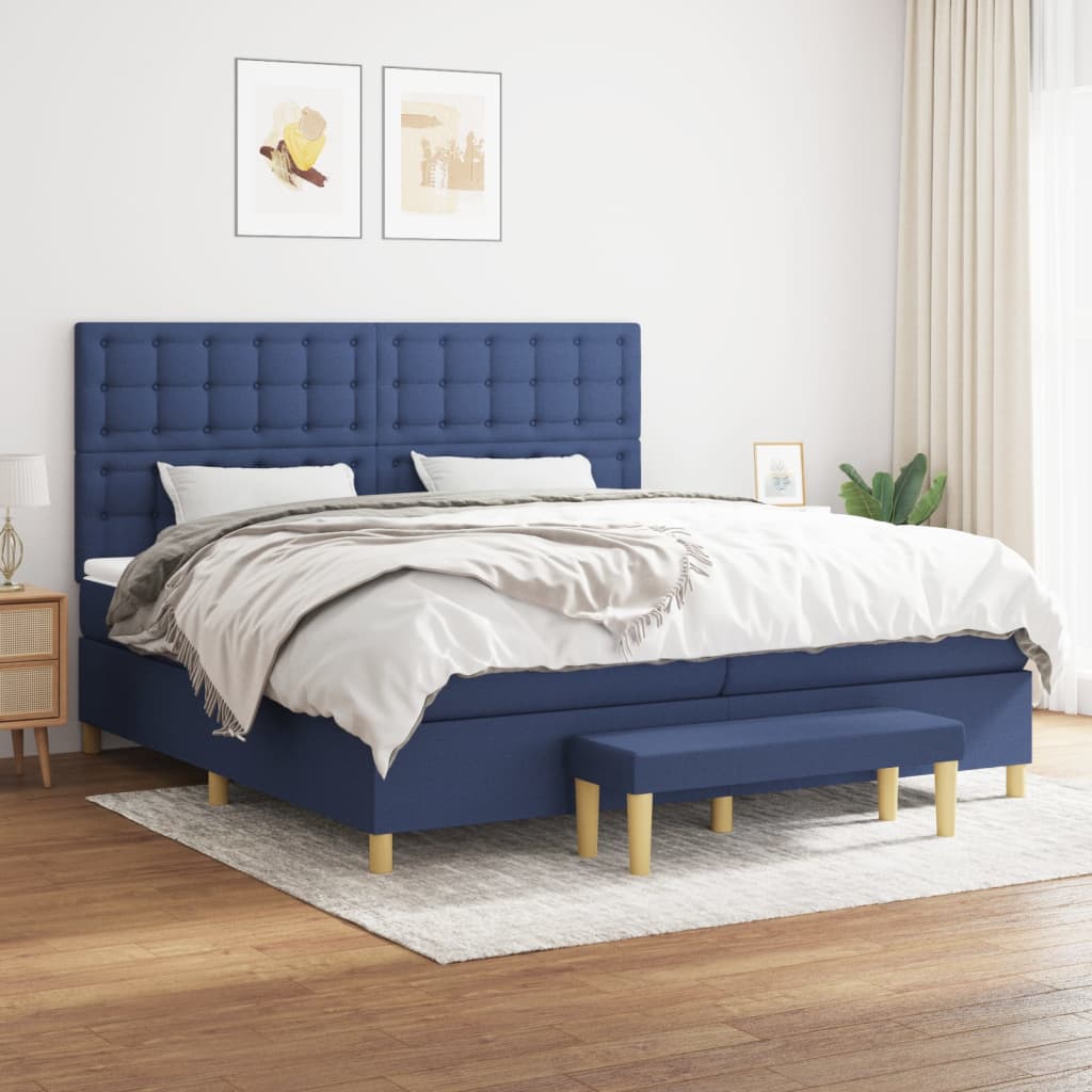 Box spring postelja z vzmetnico moder 200×200 cm blago