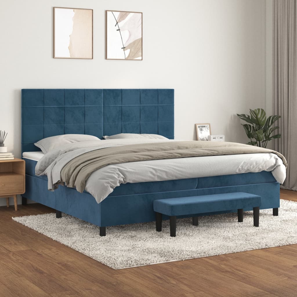 Box spring postelja z vzmetnico temno modra 200×200 cm žamet