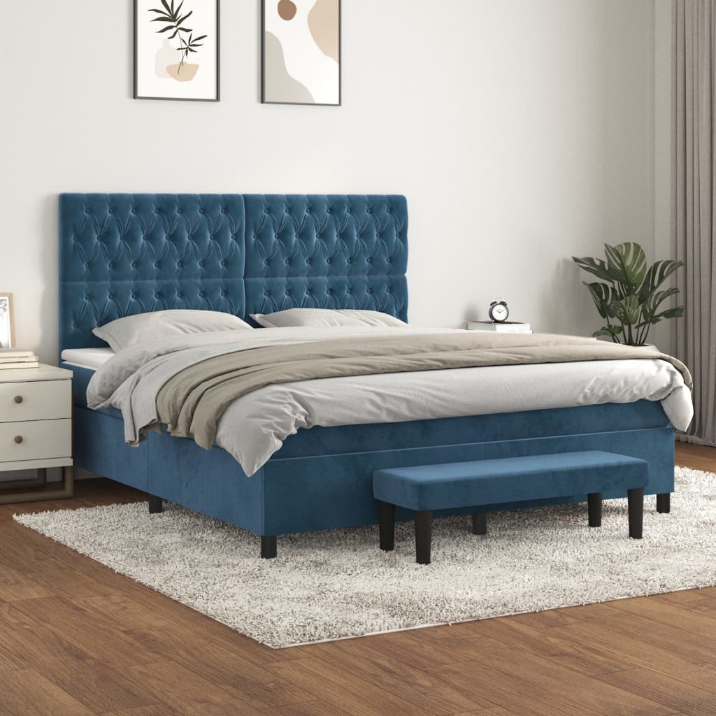Box spring postelja z vzmetnico temno modra 180×200 cm žamet