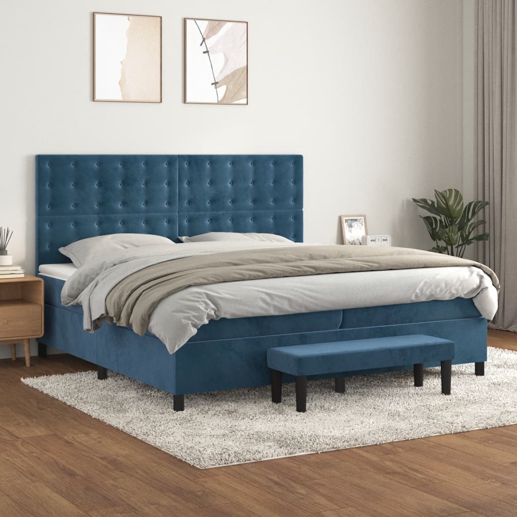 Box spring postelja z vzmetnico temno modra 200×200 cm žamet