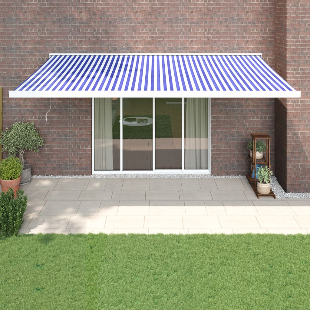 Zložljiva tenda modra in bela 5×3 m blago in aluminij