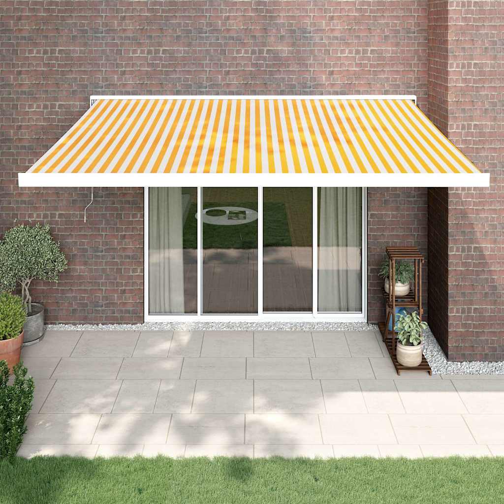 Zložljiva tenda rumena in bela 4×3 m blago in aluminij