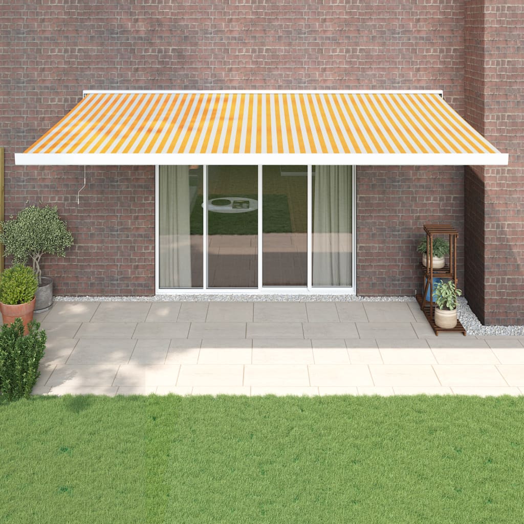 Zložljiva tenda rumena in bela 5×3 m blago in aluminij