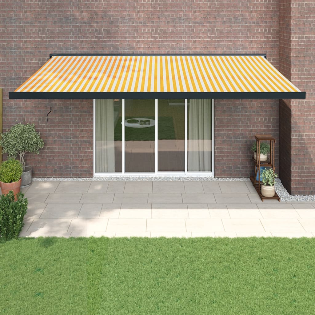 Zložljiva tenda rumena in bela 5×3 m blago in aluminij