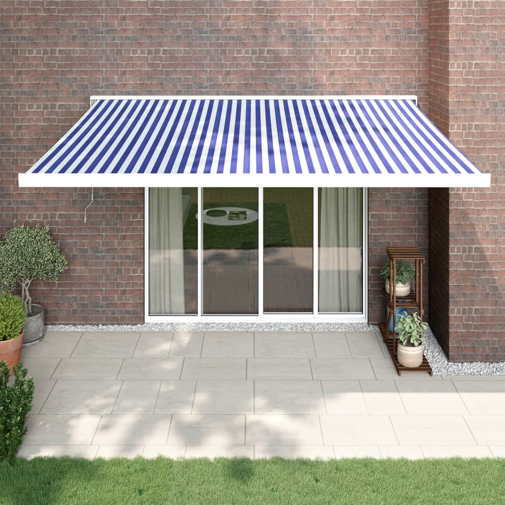 Zložljiva tenda modra in bela 4,5×3 m blago in aluminij