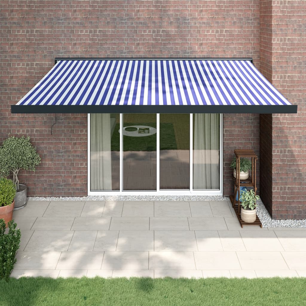 Zložljiva tenda modra in bela 4×3 m blago in aluminij