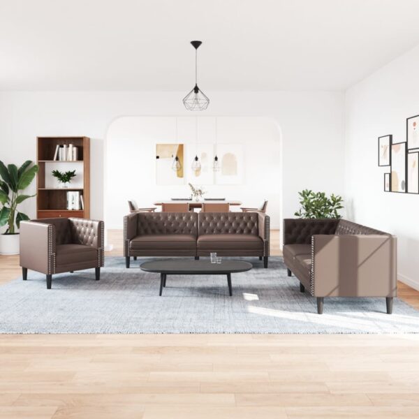 Komplet Chesterfield kavčev 3-delna rjavo umetno usnje - Image 3