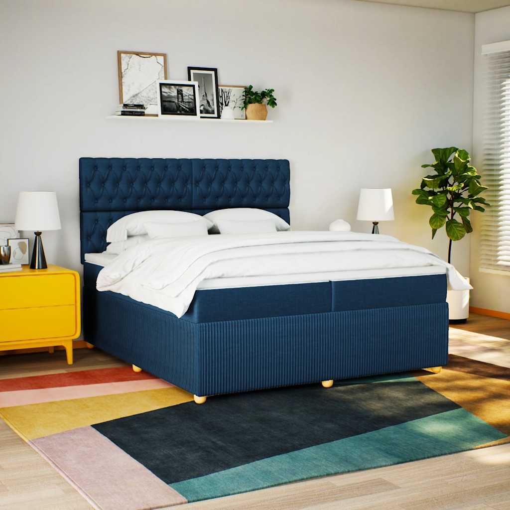 Box spring postelja z vzmetnico modra 200×200 cm blago