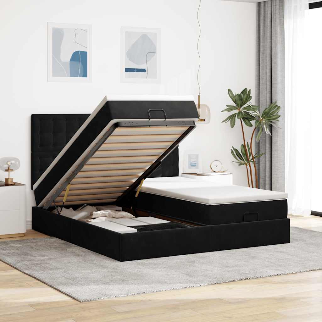 Otomanski posteljni okvir z vzmetnicami črn 160×200 cm žamet