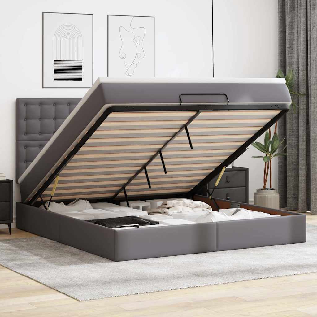 Otomanski posteljni okvir z vzmetnico siv 160×200 cm um. usnje
