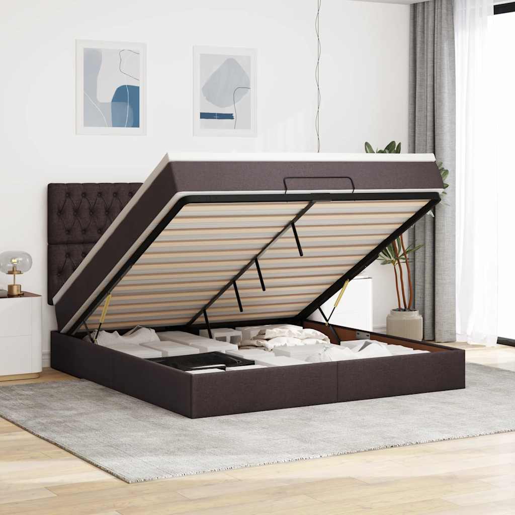 Otomanska postelja z vzmetnico&LEDs temno rjava 180x200cm blago