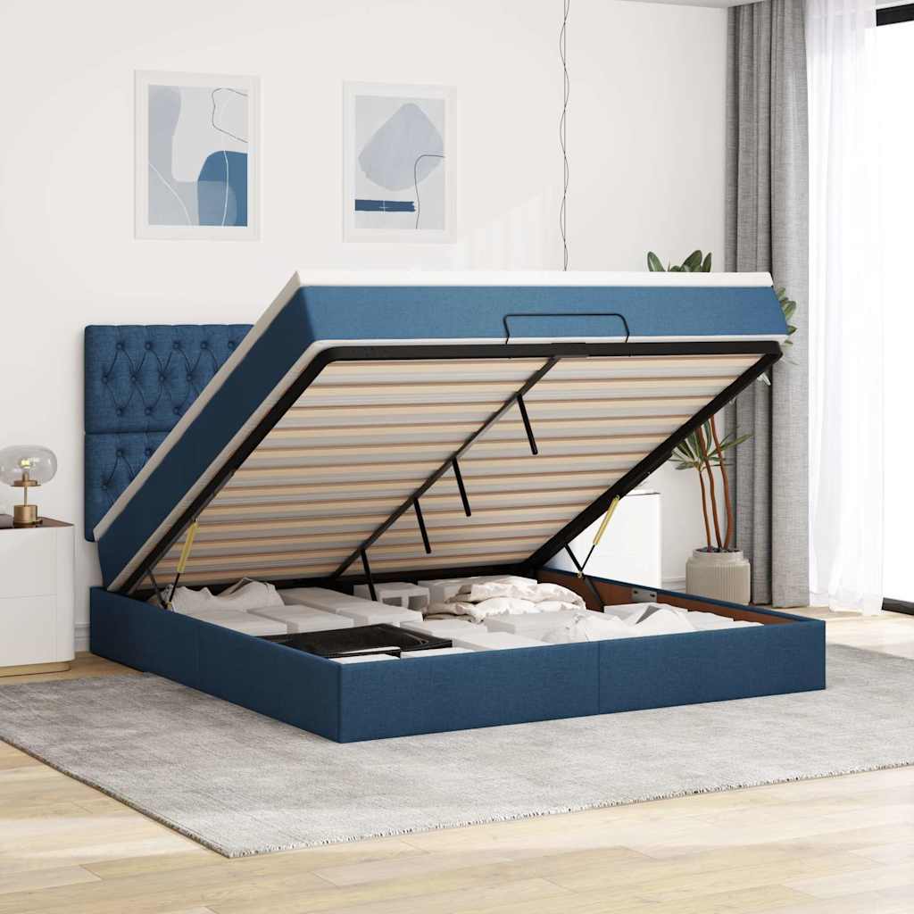 Otomanska postelja z vzmetnico & LEDs modra 180×200 cm blago