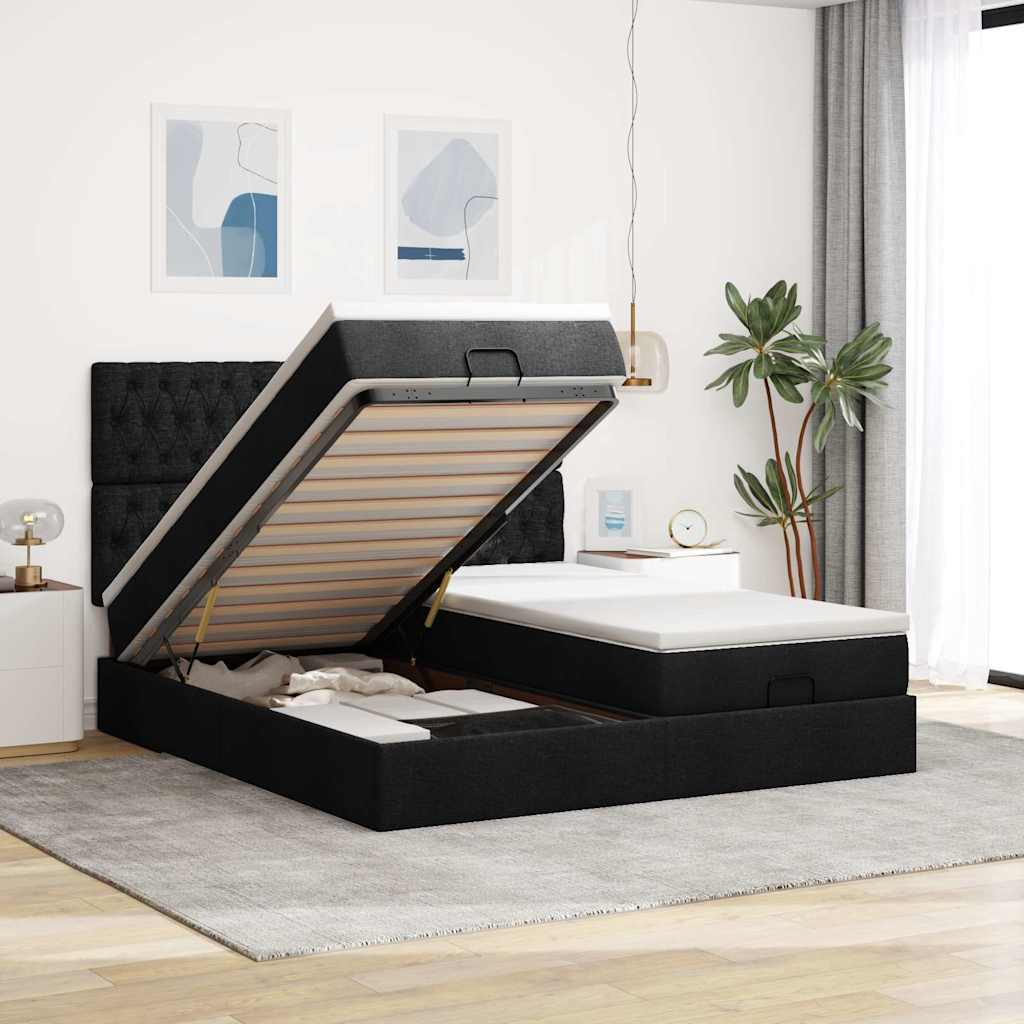 Otomanski posteljni okvir z vzmetnicami črn 160×200 cm blago