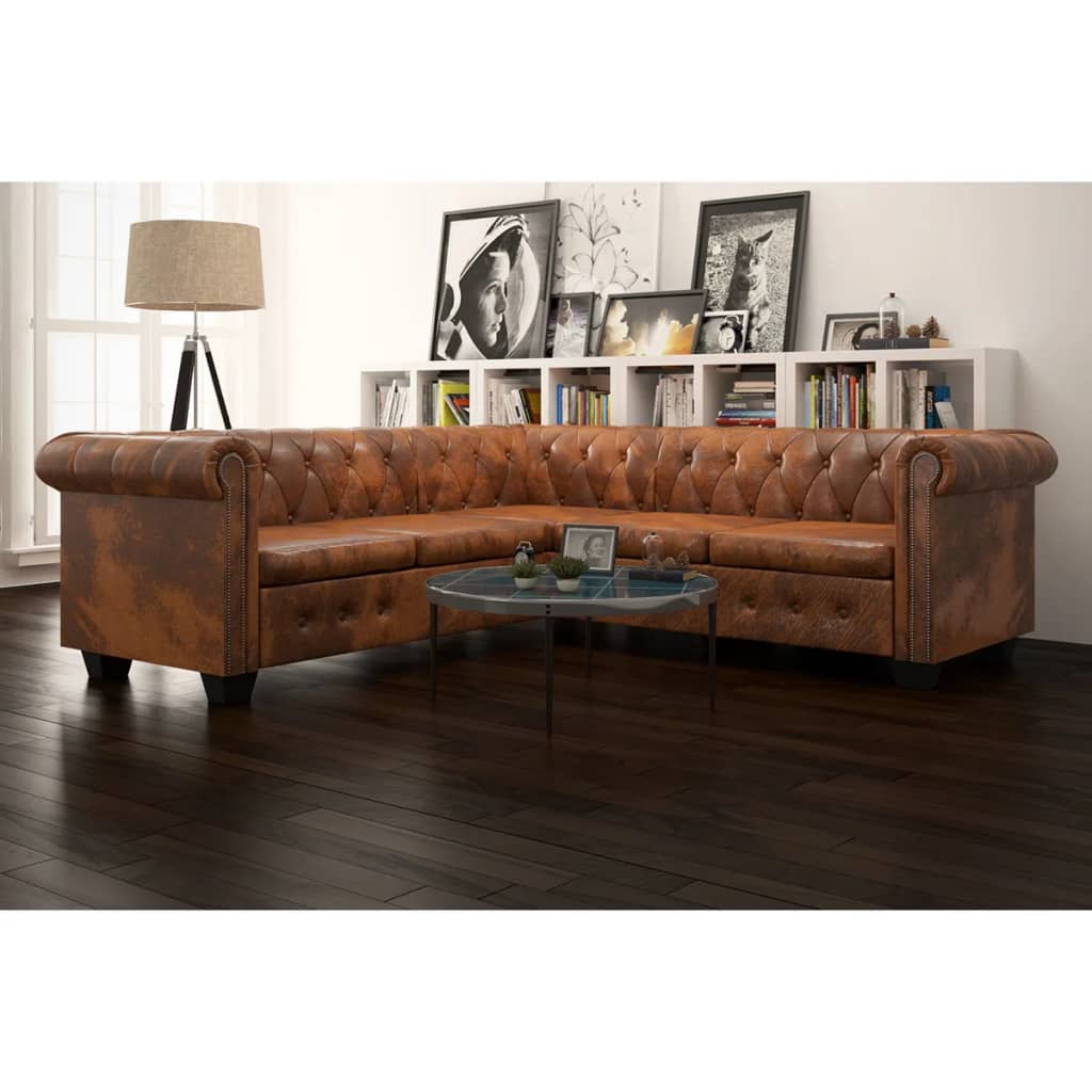 Chesterfield kotna sedežna garnitura umetno usnje rjava
