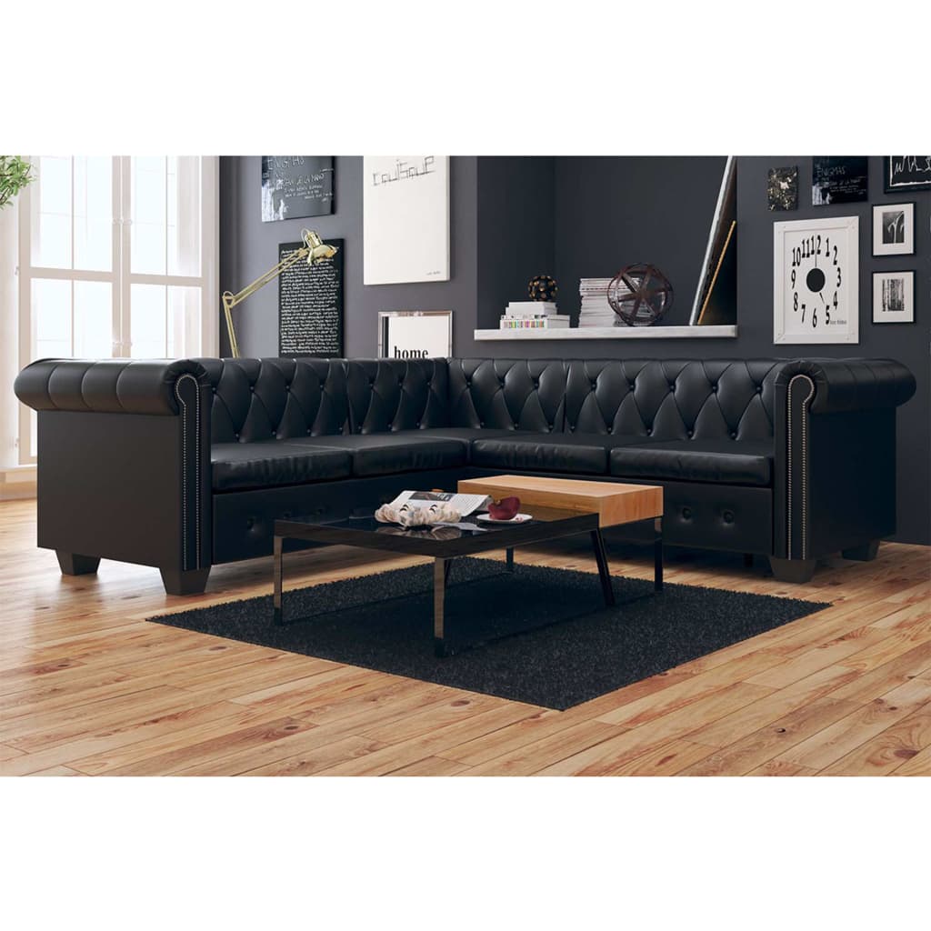 Chesterfield kotni kavč za 5 oseb črne barve, umetno usnje