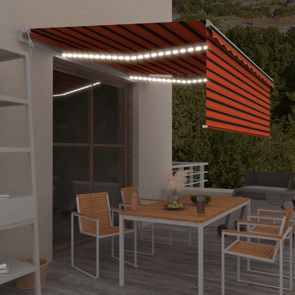 Avtomatska tenda s senčilom LED + senzor 4,5×3 m oranžna/rjava