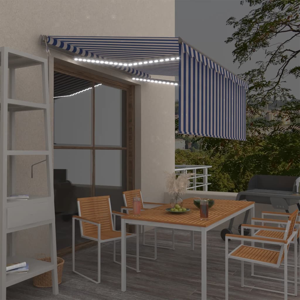 Avtomatska tenda s senčilom LED + senzor 3,5×2,5 m modra/bela