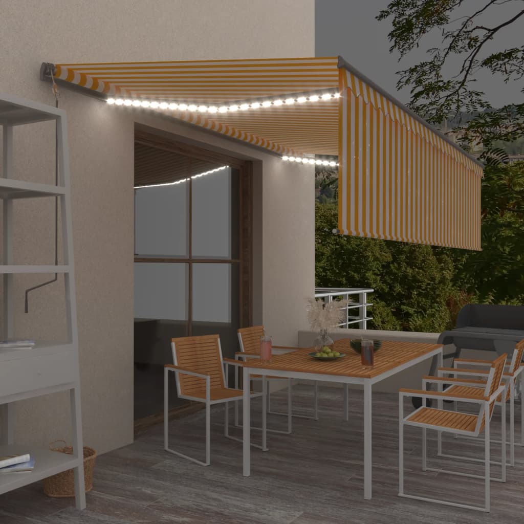 Avtomatska tenda s senčilom LED + senzor 5×3 m rumena in bela