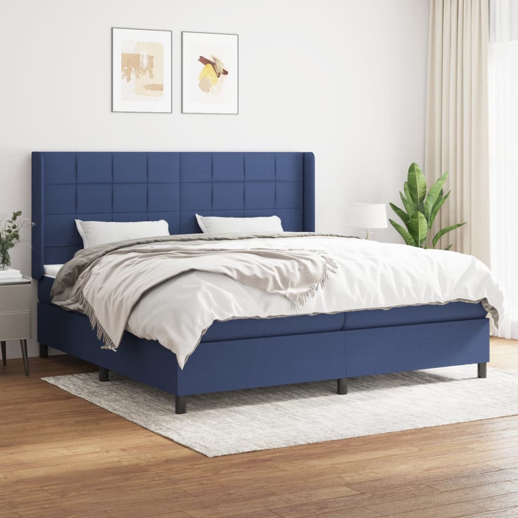Box spring postelja z vzmetnico moder 200×200 cm blago