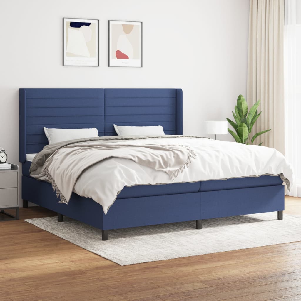 Box spring postelja z vzmetnico moder 200×200 cm blago