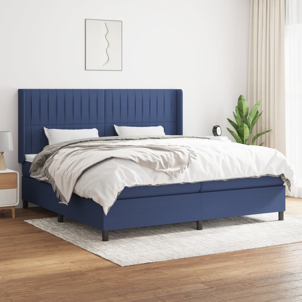 Box spring postelja z vzmetnico moder 200×200 cm blago
