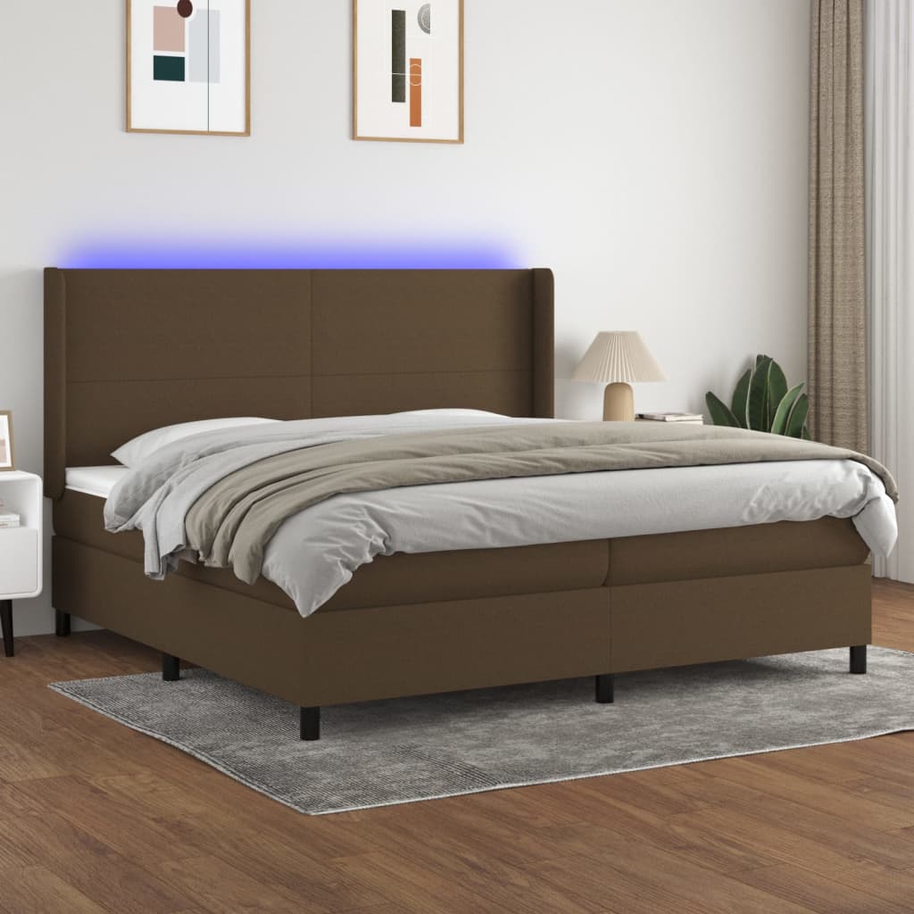 Box spring postelja z vzmetnico LED temno rjava 200x200cm blago