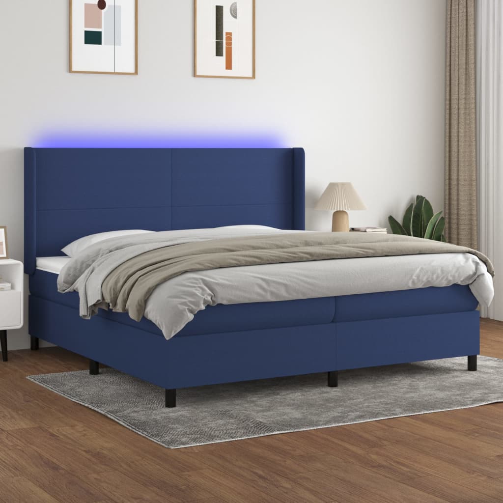 Box spring postelja z vzmetnico LED modra 200×200 cm blago