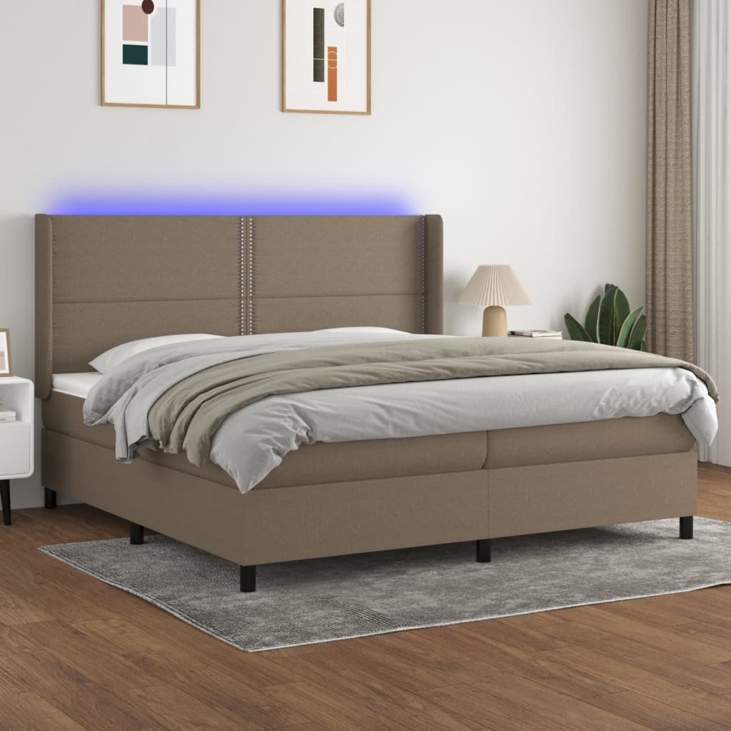 Box spring postelja z vzmetnico LED taupe 200×200 cm blago