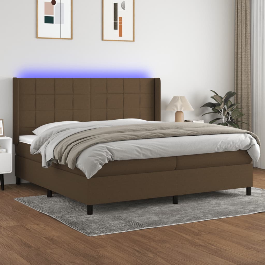 Box spring postelja z vzmetnico LED temno rjava 200x200cm blago