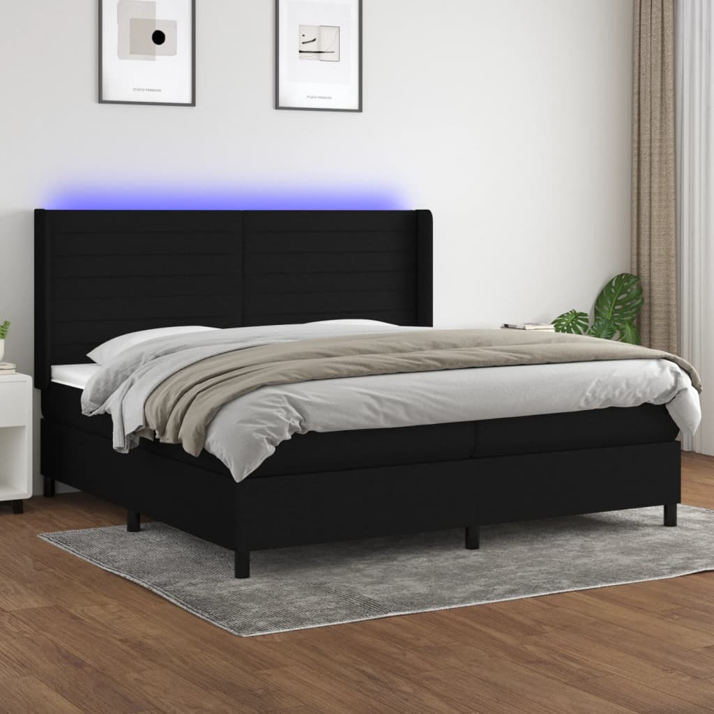 Box spring postelja z vzmetnico LED črna 200×200 cm blago