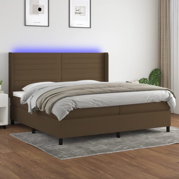 Box spring postelja z vzmetnico LED temno rjava 200x200cm blago