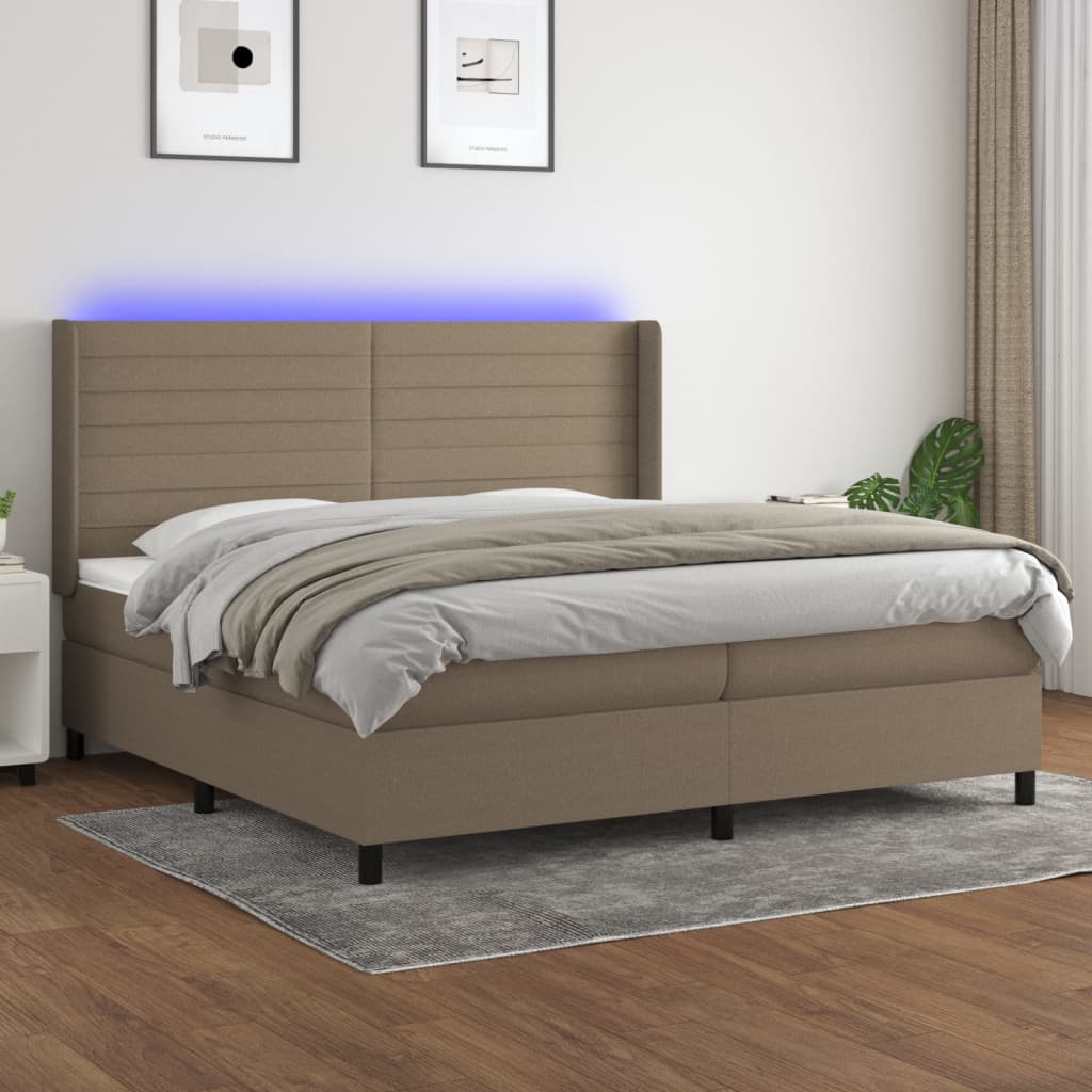 Box spring postelja z vzmetnico LED taupe 200×200 cm blago