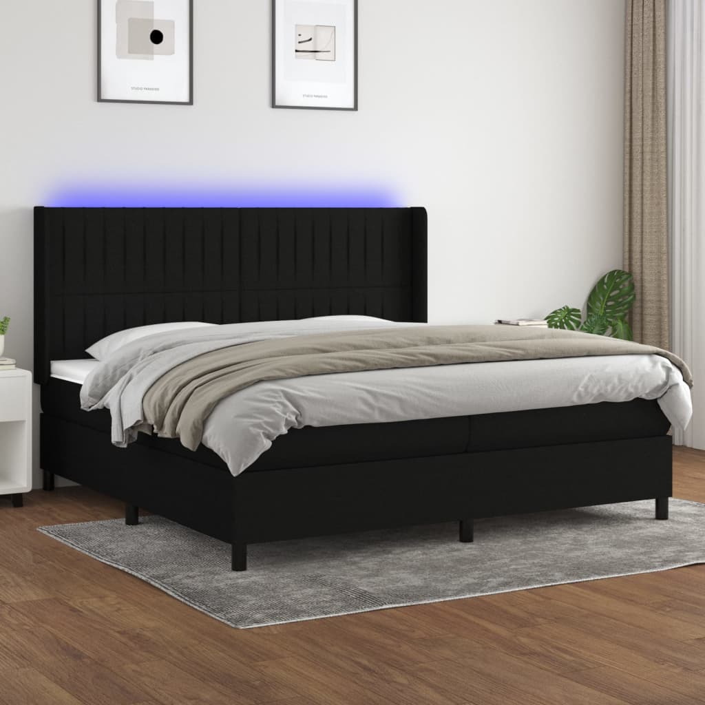 Box spring postelja z vzmetnico LED črna 200×200 cm blago