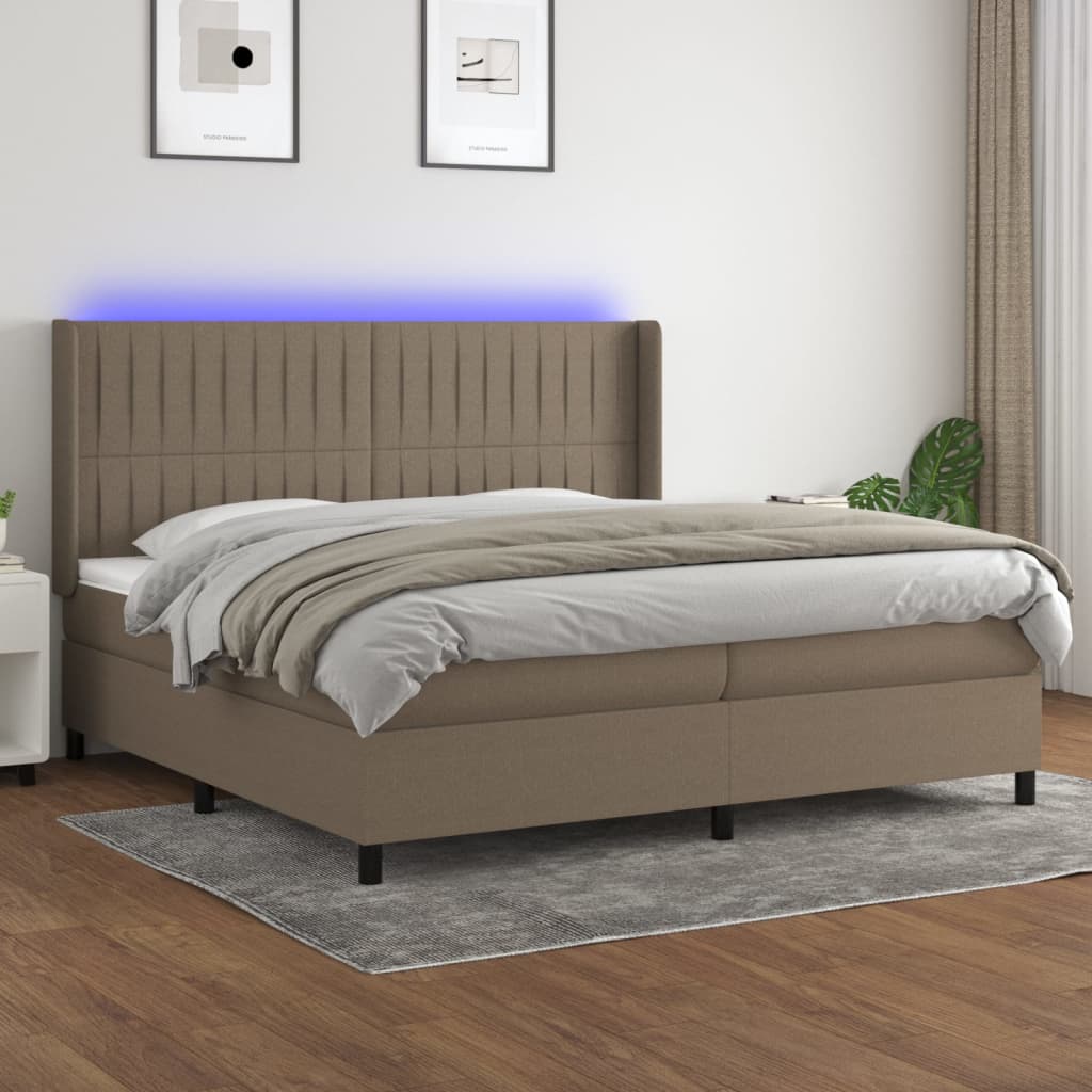 Box spring postelja z vzmetnico LED taupe 200×200 cm blago
