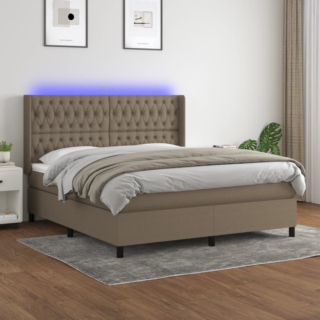 Box spring postelja z vzmetnico LED taupe 180×200 cm blago