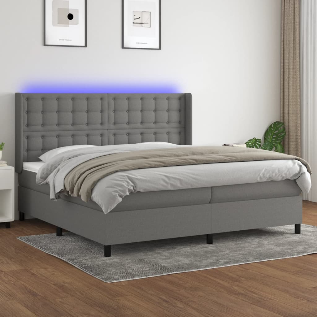 Box spring postelja z vzmetnico LED temno siva 200×200 cm blago