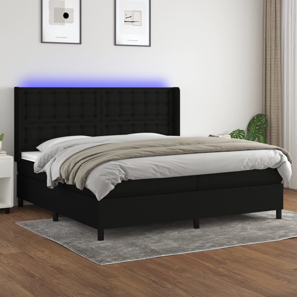 Box spring postelja z vzmetnico LED črna 200×200 cm blago