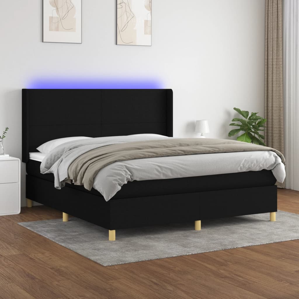 Box spring postelja z vzmetnico LED črna 180×200 cm blago