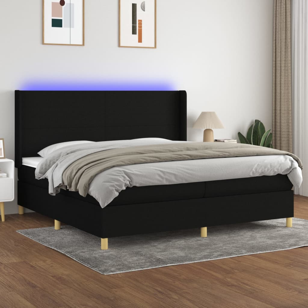 Box spring postelja z vzmetnico LED črna 200×200 cm blago