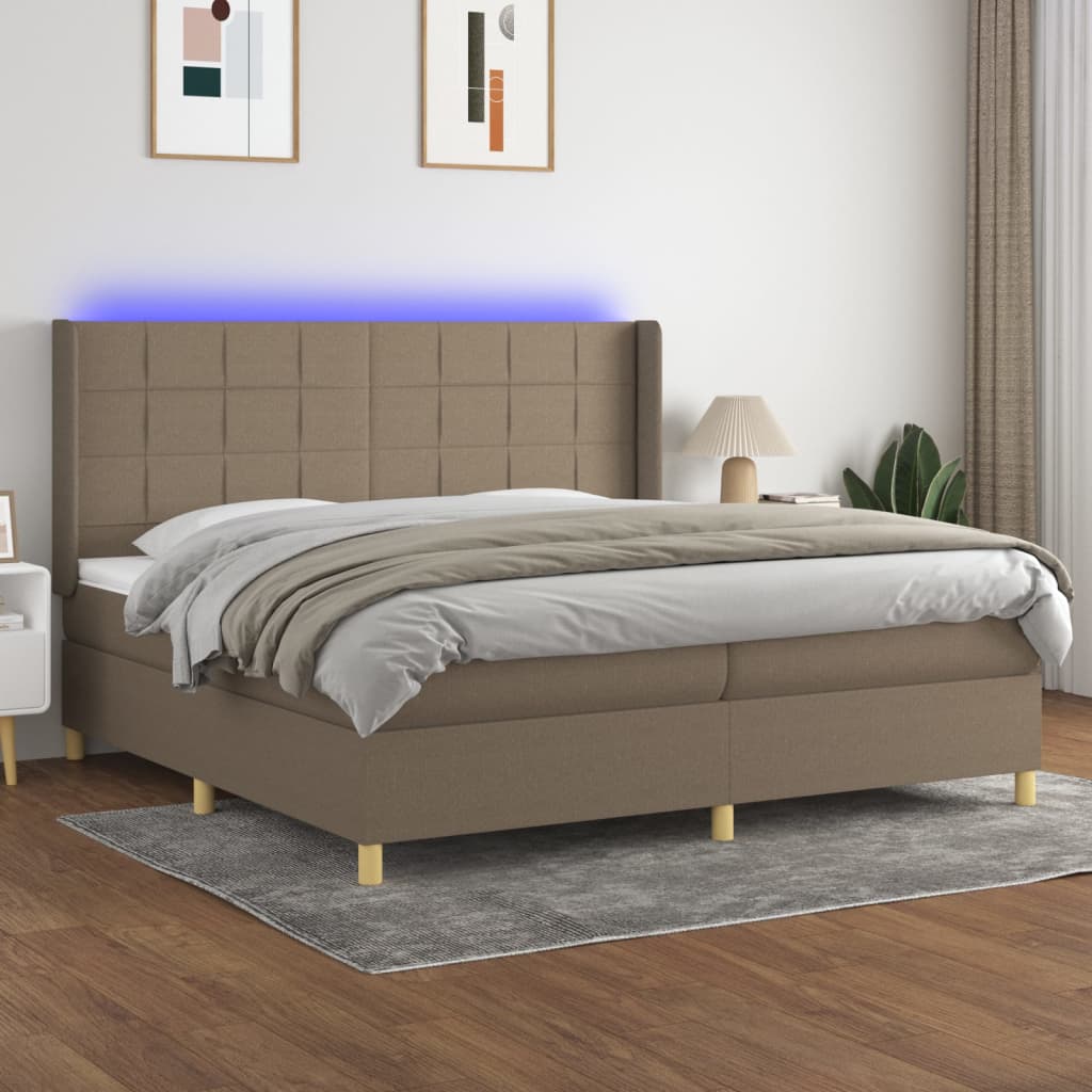 Box spring postelja z vzmetnico LED taupe 200×200 cm blago