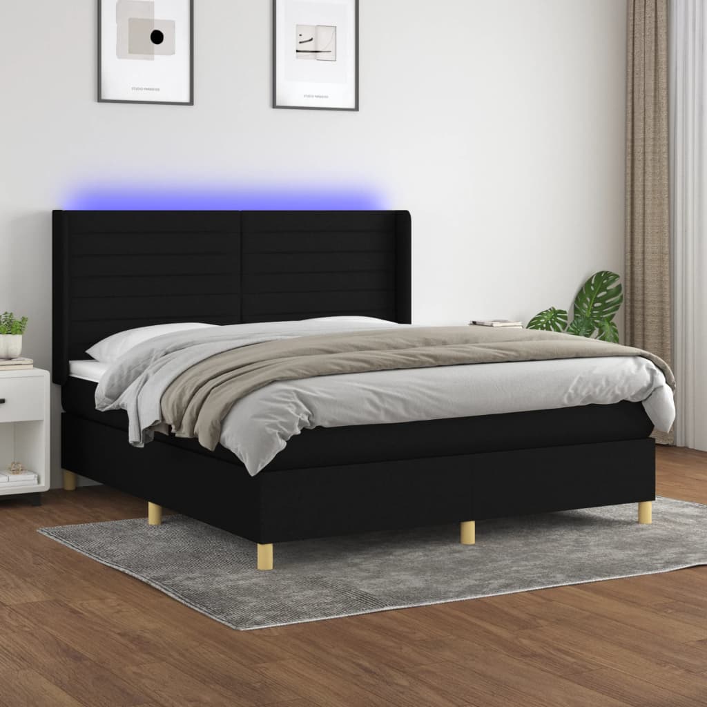 Box spring postelja z vzmetnico LED črna 160×200 cm blago