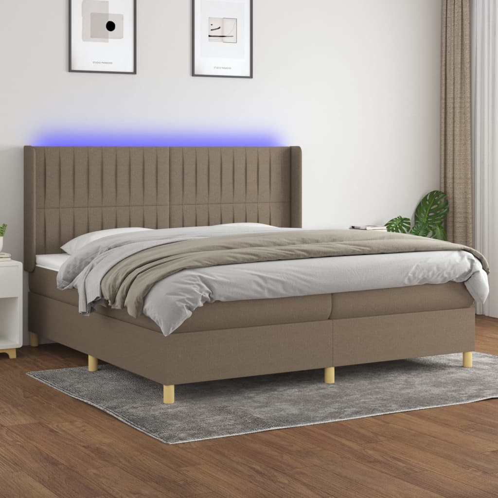 Box spring postelja z vzmetnico LED taupe 200×200 cm blago