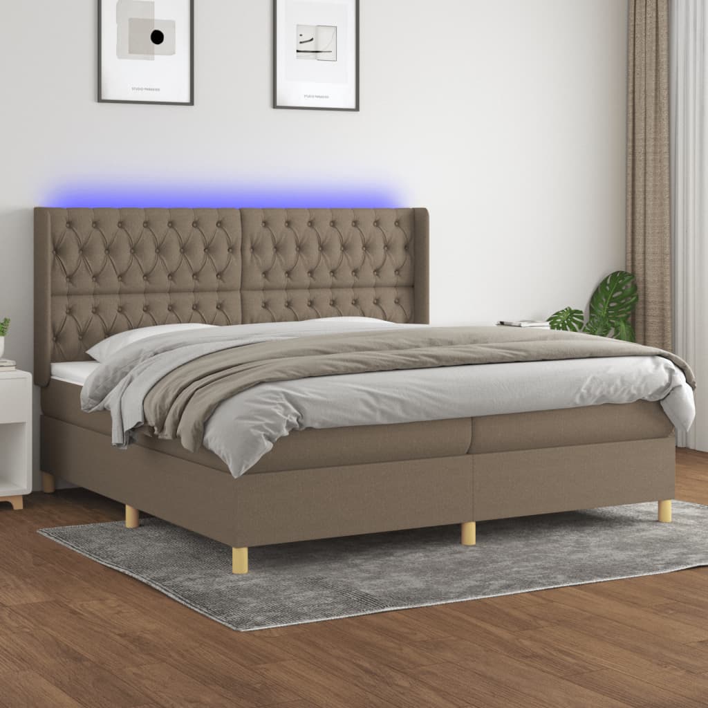 Box spring postelja z vzmetnico LED taupe 200×200 cm blago