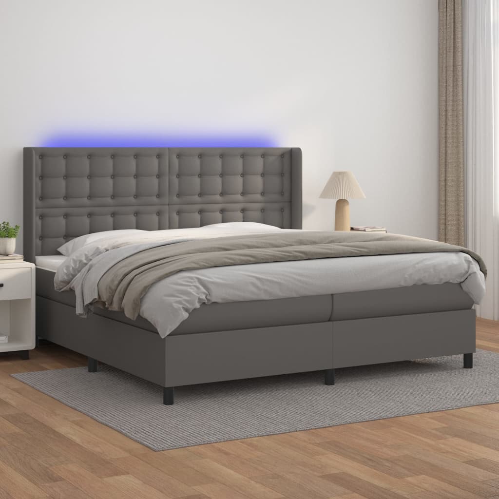 Box spring postelja z vzmetnico LED siva 200x200cm umetno usnje
