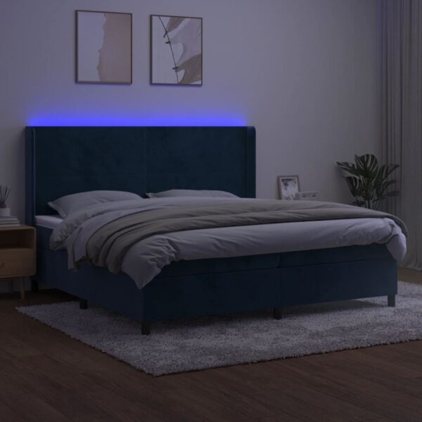 Box spring postelja z vzmetnico LED temno modra 200x200cm žamet - Image 2