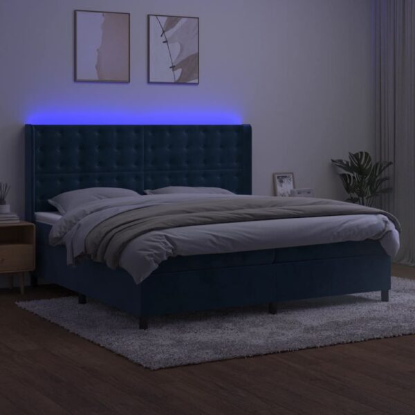 Box spring postelja z vzmetnico LED temno modra 200x200cm žamet - Image 3