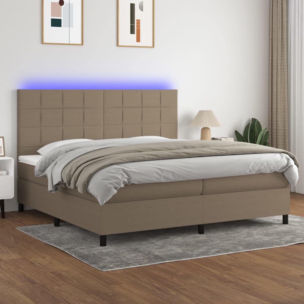 Box spring postelja z vzmetnico LED taupe 200×200 cm blago