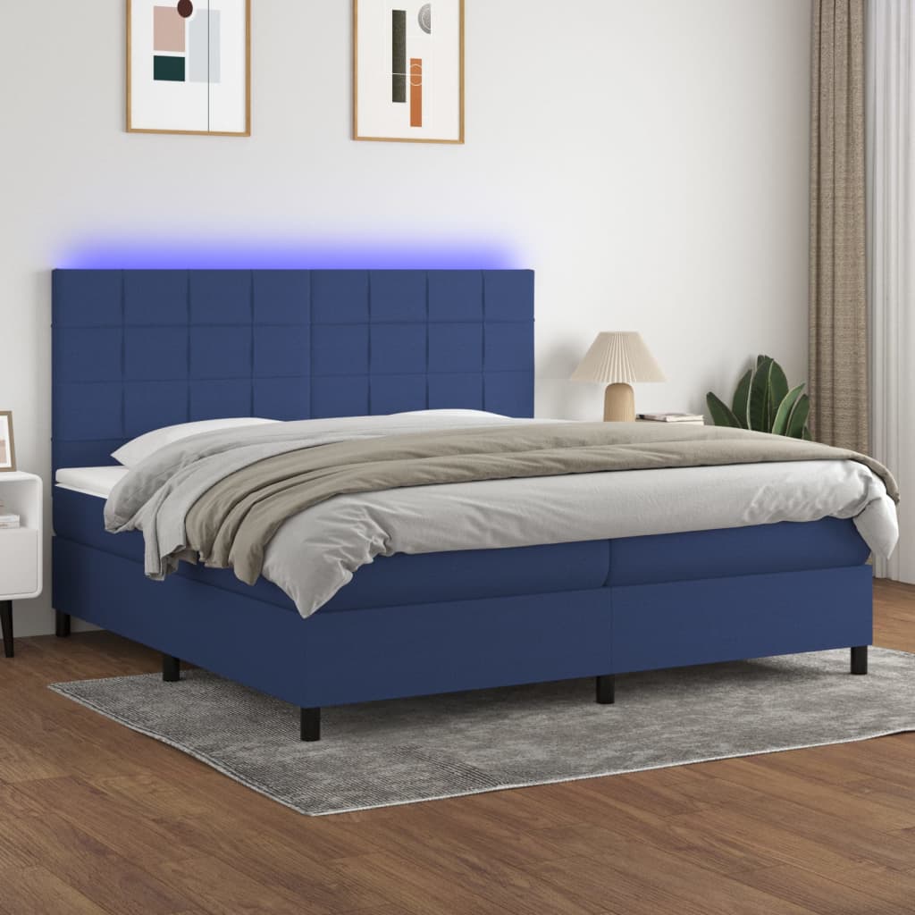Box spring postelja z vzmetnico LED modra 200×200 cm blago