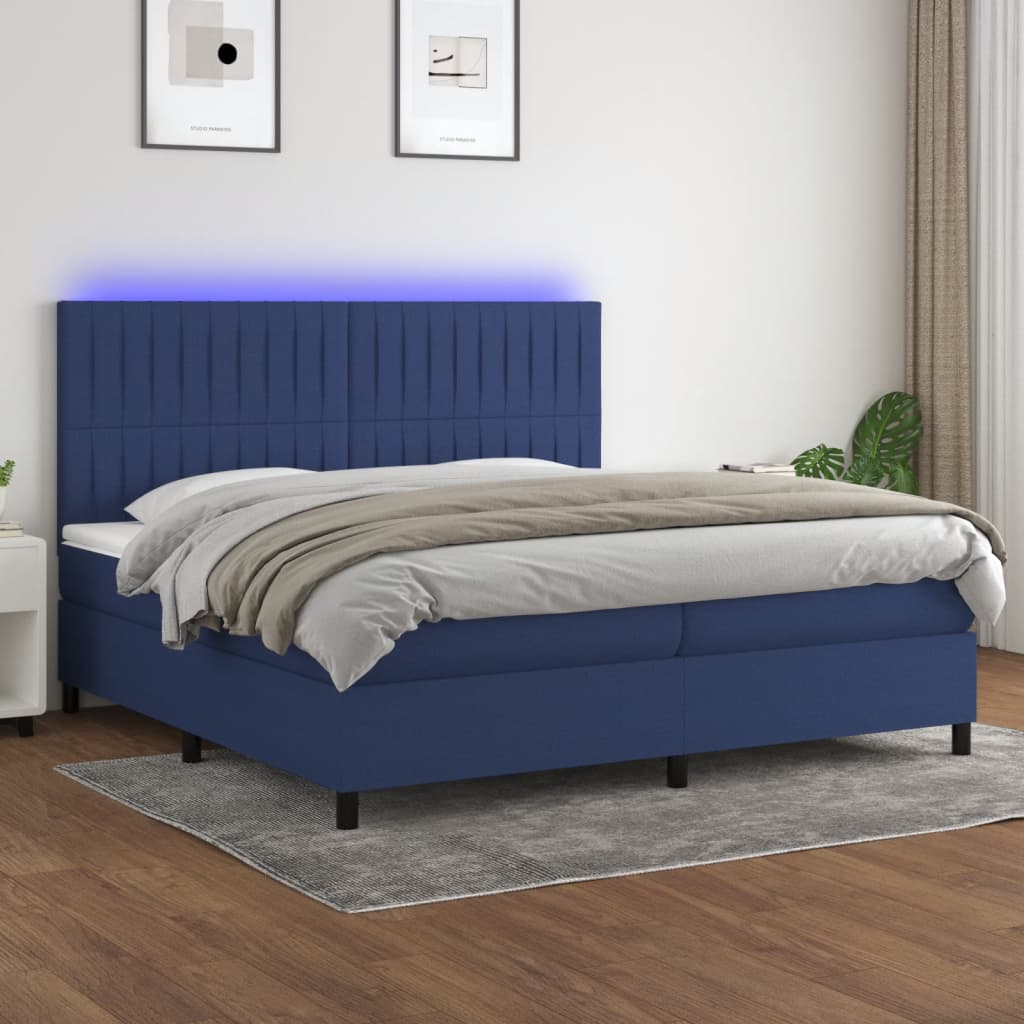 Box spring postelja z vzmetnico LED modra 200×200 cm blago