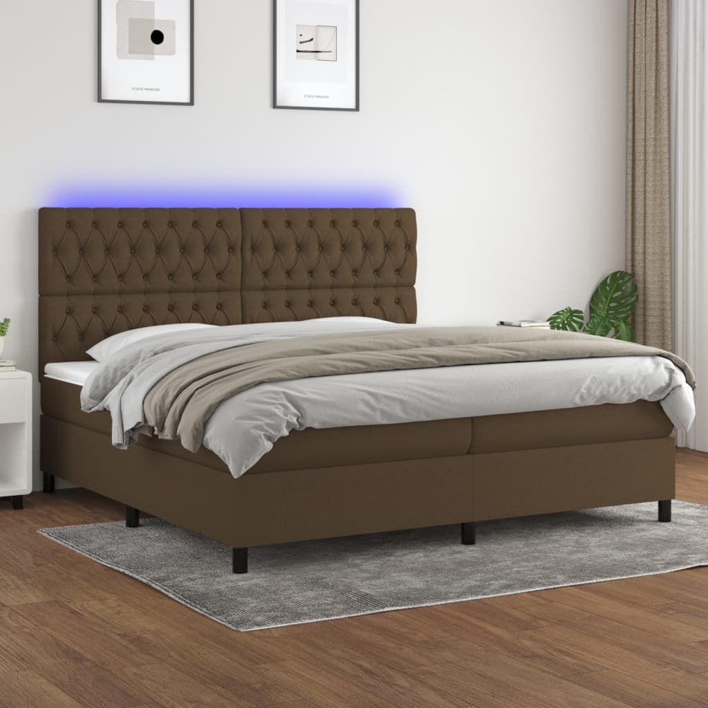 Box spring postelja z vzmetnico LED temno rjava 200x200cm blago